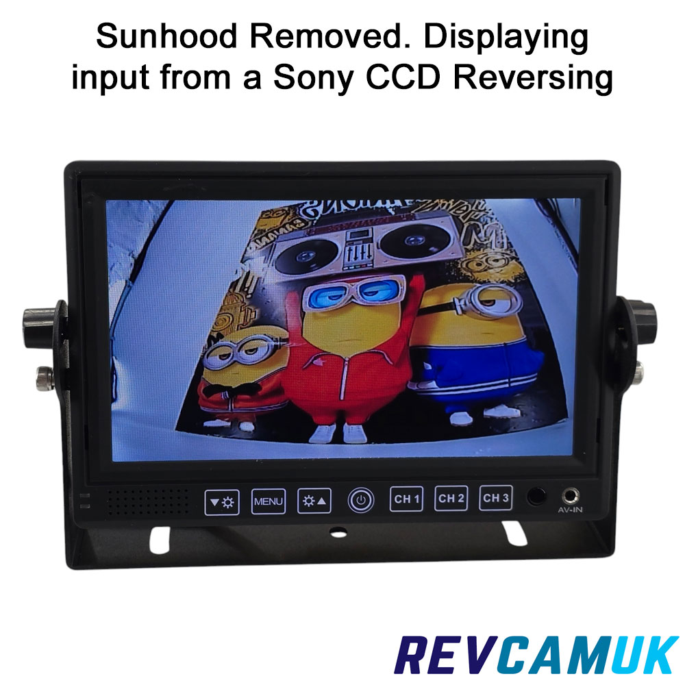 RevcamUK MON705 7-inch reversing camera monitor shown with sunshade removed displaying live image from a Sony CCD reversing camera