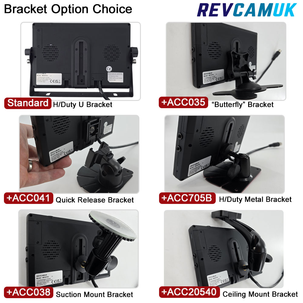 RevcamUK MON705 7-inch 3-channel reversing camera monitor bracket options showing standard U bracket and optional mounting brackets