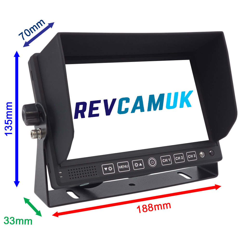 RevcamUK MON705 7-inch 3-channel reversing camera monitor dimensions showing overall width, height and depth including mounting bracket
