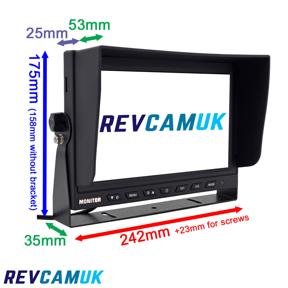 MON9010 9 inch 2 channel reversing camera monitor dimensions 242mm width plus 23mm screw allowance 175mm height 158mm without bracket 53mm depth 25mm rear housing 35mm bracket depth