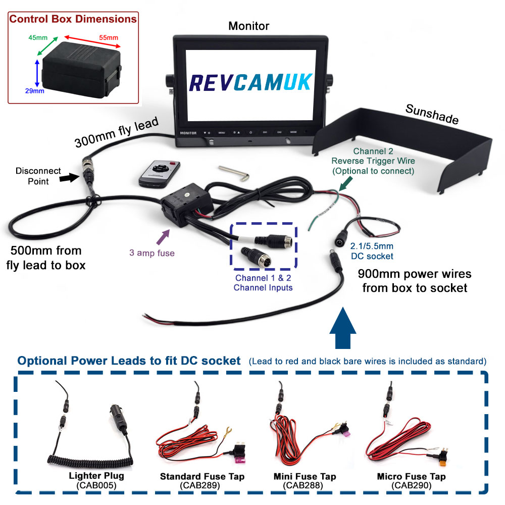 MON9010 9 inch reversing camera monitor wiring layout showing control box dimensions 55mm x 45mm x 29mm channel 1 and 2 inputs reverse trigger wire 3 amp fuse 900mm power lead and optional DC socket adaptors