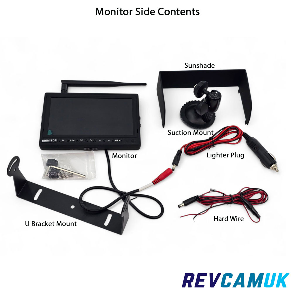 dw71 7 inch wireless reversing camera monitor box contents including suction mount, u bracket, sunshade and power leads