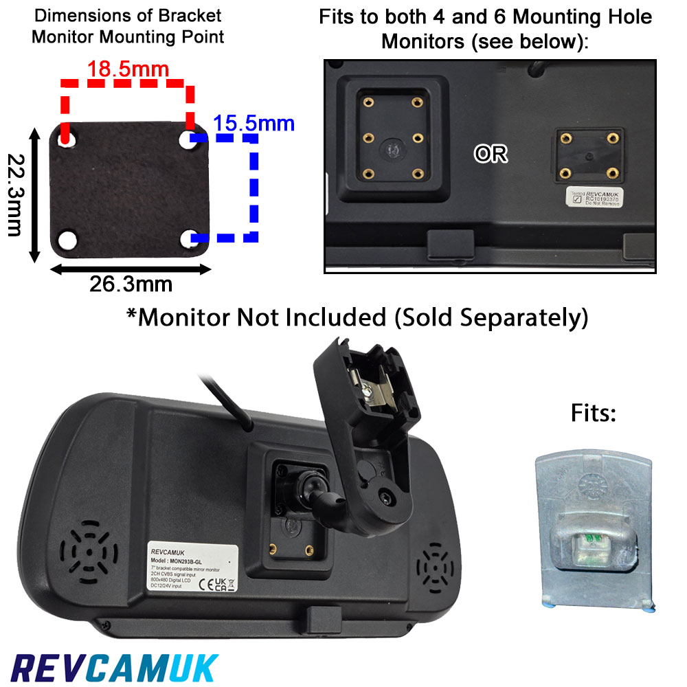 ACCMB8 swan-neck mirror monitor bracket showing mounting hole dimensions, 4- and 6-hole monitor compatibility, and fitment for the Renault, Nissan and Vauxhall–Opel factory windscreen mounting plate.