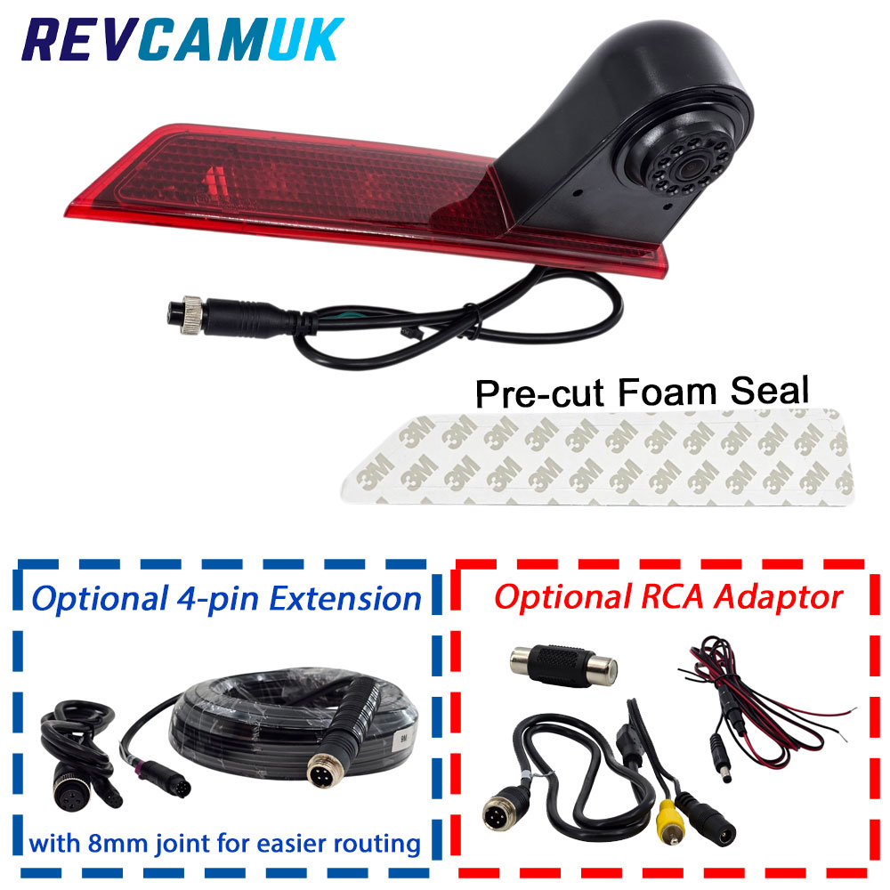 Single-lens reversing brake light camera for Ford Transit Custom (2012–May 2016) bulb-type brake light models, showing the camera unit, pre-cut foam seal, optional 4-pin extension cable, and optional RCA adaptor – REVCAMUK.