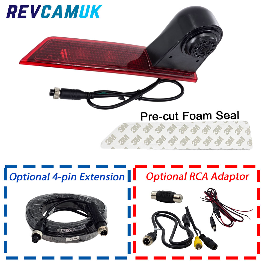 Single-lens reversing brake light camera for Ford Transit Custom (May 2016-2024) led-type brake light models, showing the camera unit, pre-cut foam seal, optional 4-pin extension cable, and optional RCA adaptor – REVCAMUK.
