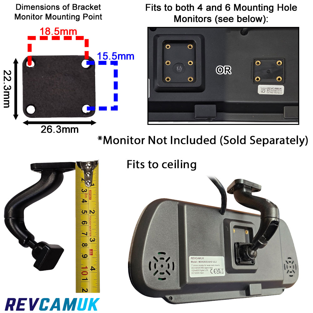 Short Universal ceiling-mount monitor bracket ACCMB6S with dimensions, showing 4-hole and 6-hole monitor mounting compatibility and example installation on a bracket-style mirror monitor.