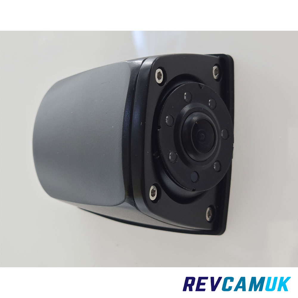AHD 1080P side-view reversing camera mounted, shown installed in its black angled housing with IR LEDs