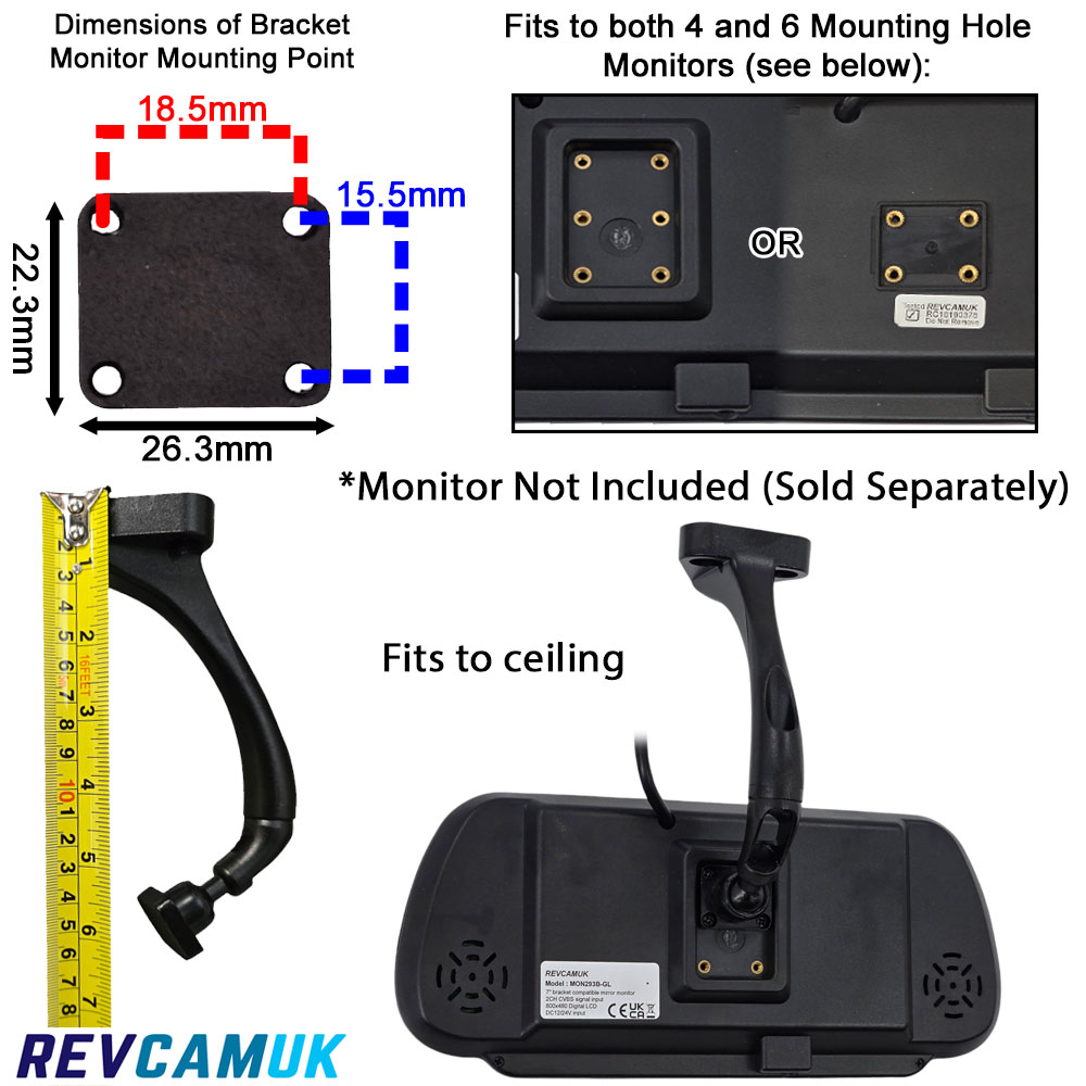 Universal ceiling-mount monitor bracket ACCMB6 with dimensions, showing 4-hole and 6-hole monitor mounting compatibility and example installation on a bracket-style mirror monitor.