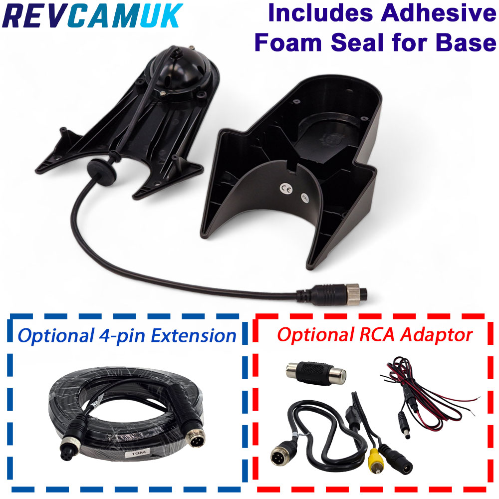 High-level van roof reversing camera with adhesive foam base seal, shown with upper and lower housing sections, 4-pin aviation connector, and optional accessories including a 4-pin extension cable and RCA adaptor set