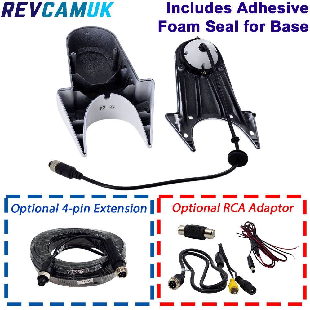 High-level van roof reversing camera with adhesive foam base seal, shown with upper and lower housing sections, 4-pin aviation connector, and optional accessories including a 4-pin extension cable and RCA adaptor set