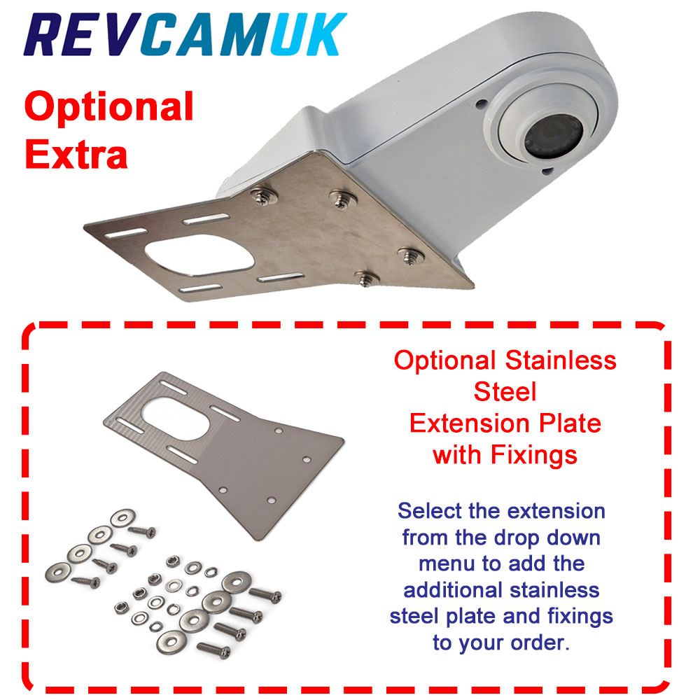 VANCAMW reversing camera shown with optional stainless steel extension plate and fixings, illustrating the additional mounting plate available as an optional extra for extended mounting flexibility.