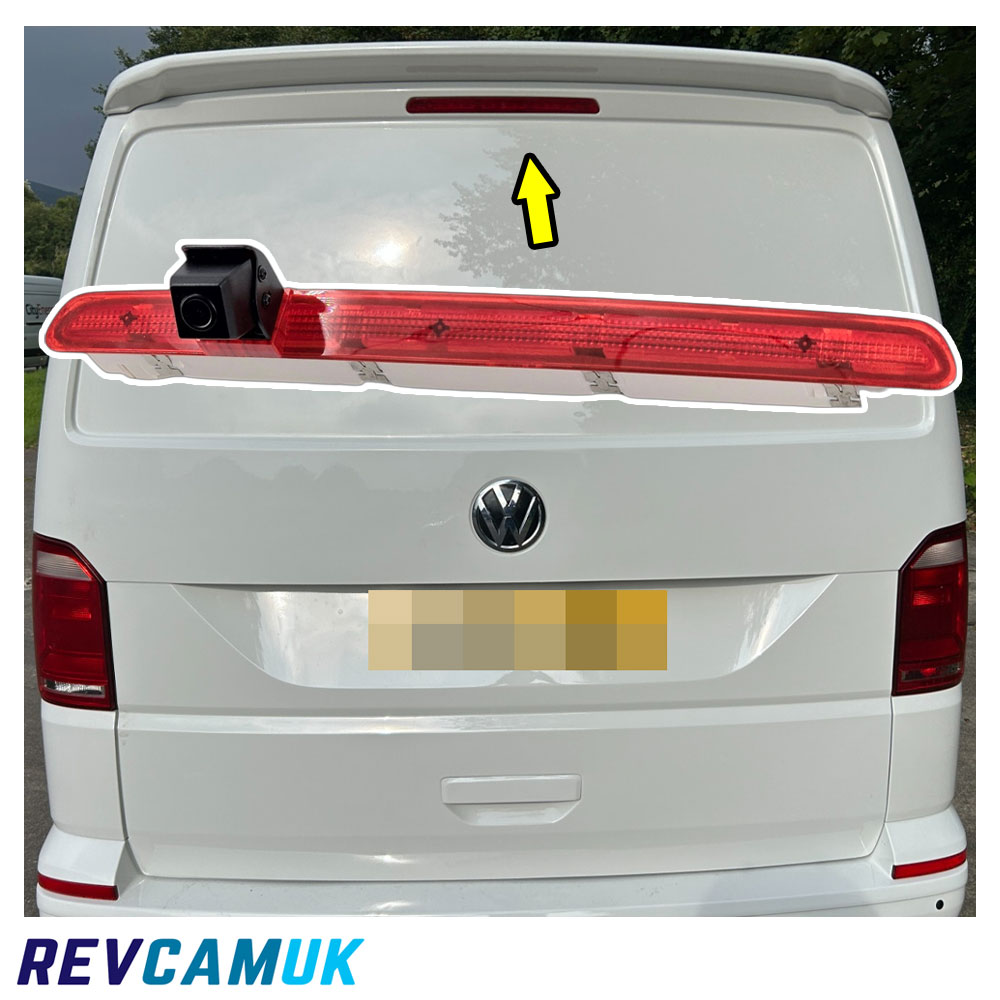 VW Transporter T6 tailgate model showing the high-level brake light location where the replacement brake light reversing camera fits