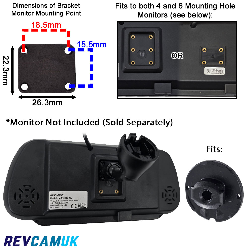 Image showing the mounting hole dimensions for the Volkswagen swan-neck windscreen bracket, compatible with both 4- and 6-hole mirror monitors, plus a photo of the bracket attached to the rear of a mirror monitor (monitor not included).