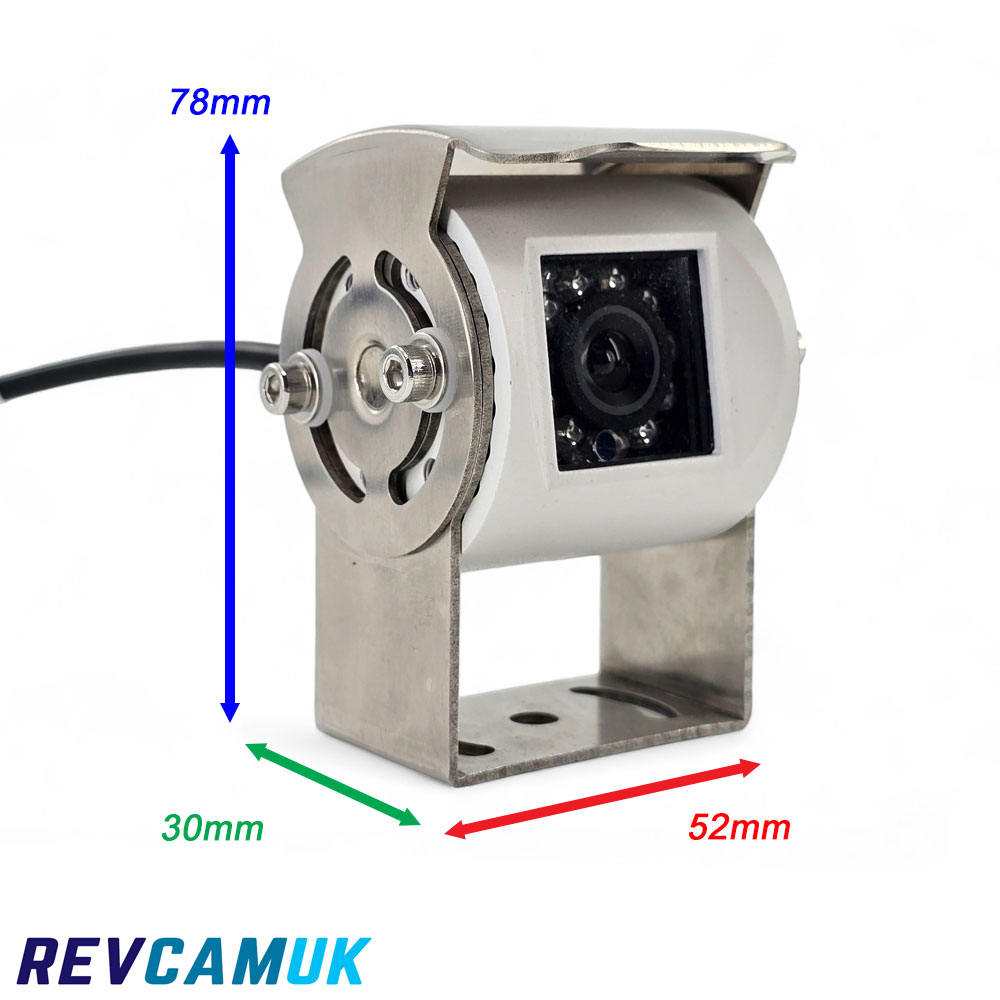 Stainless steel bracket-mounted reversing or rear-view camera showing updated dimensions of 78mm height, 52mm width and 30mm mounting depth, displayed as a dimensions guide