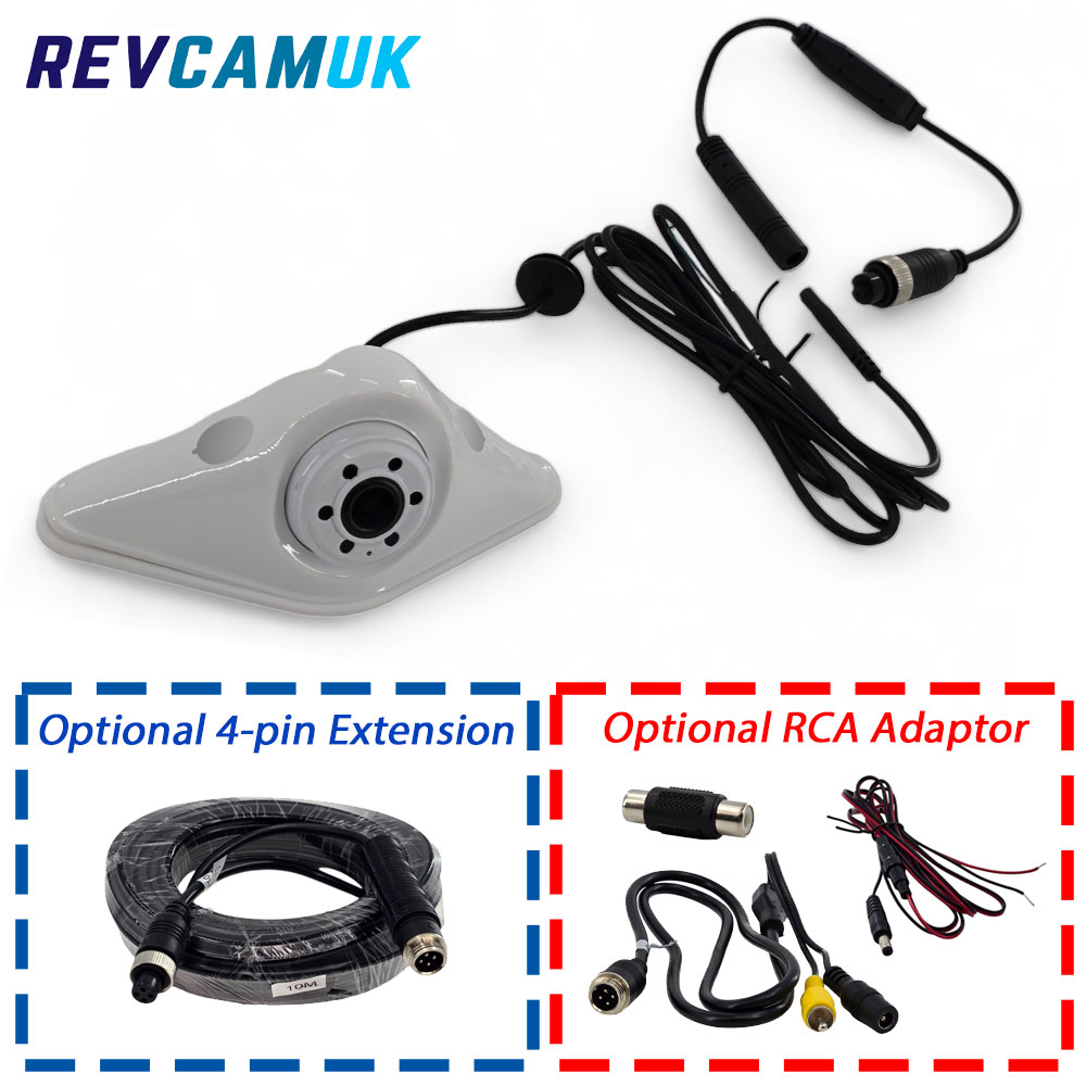 Image showing a white diamond-shape surface-mount reversing camera with its 4-pin fly lead, alongside optional 4-pin extension cables and optional RCA adaptor kit from REVCAMUK