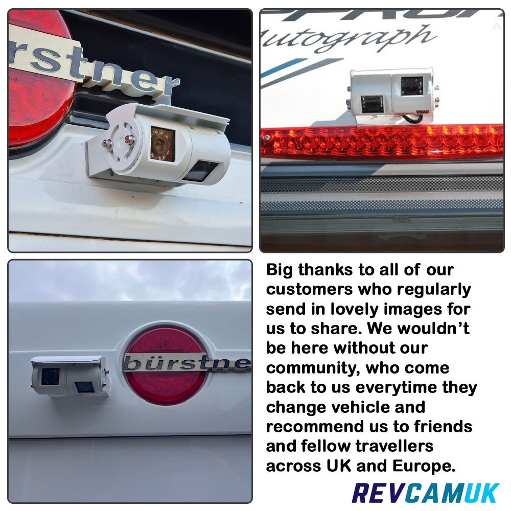 Customer installation photos of a white twin-lens motorhome reversing camera fitted to various Motorhome models, big thanks to customers who share their images and continue to support REVCAMUK across the UK and Europe.
