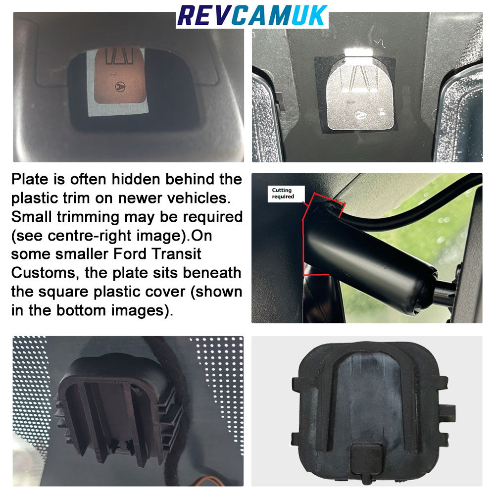 Guide showing different locations of the factory windscreen mounting plate on various vehicles, including examples hidden behind plastic trim, areas requiring minor trimming, and the square plastic cover found on smaller Ford Transit Customs.