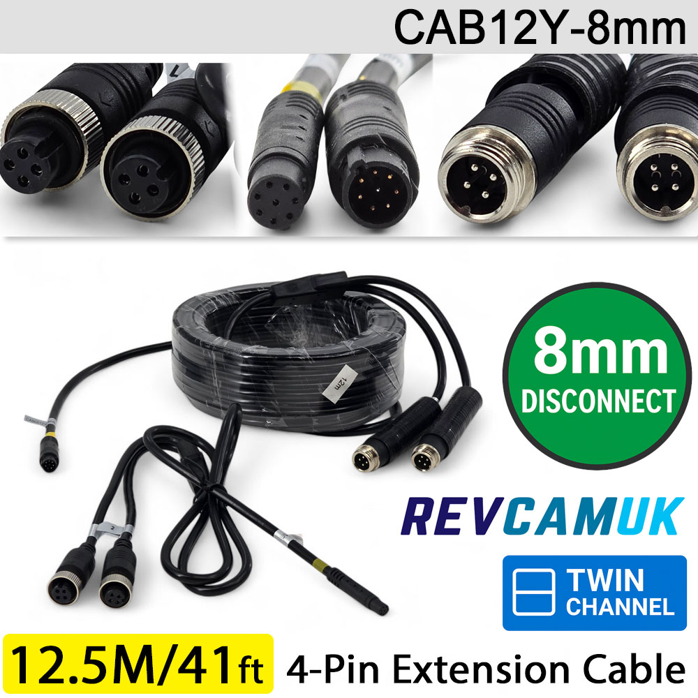 12.5M (with 8mm link) - Twin 4 Pin Aviation Screw Connector Extension Cable for 2 reversing cameras | CAB12Y-8mm