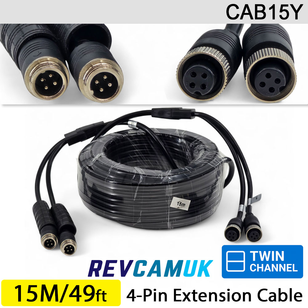 15M - Twin 4 Pin Aviation Screw Connector Extension Cable for 2 reversing cameras | CAB15Y