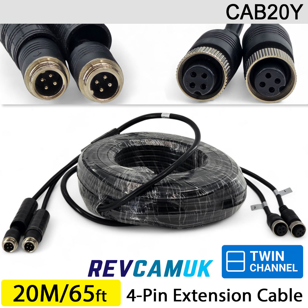 20M - Twin 4 Pin Aviation Screw Connector Extension Cable for 2 reversing cameras | CAB20Y