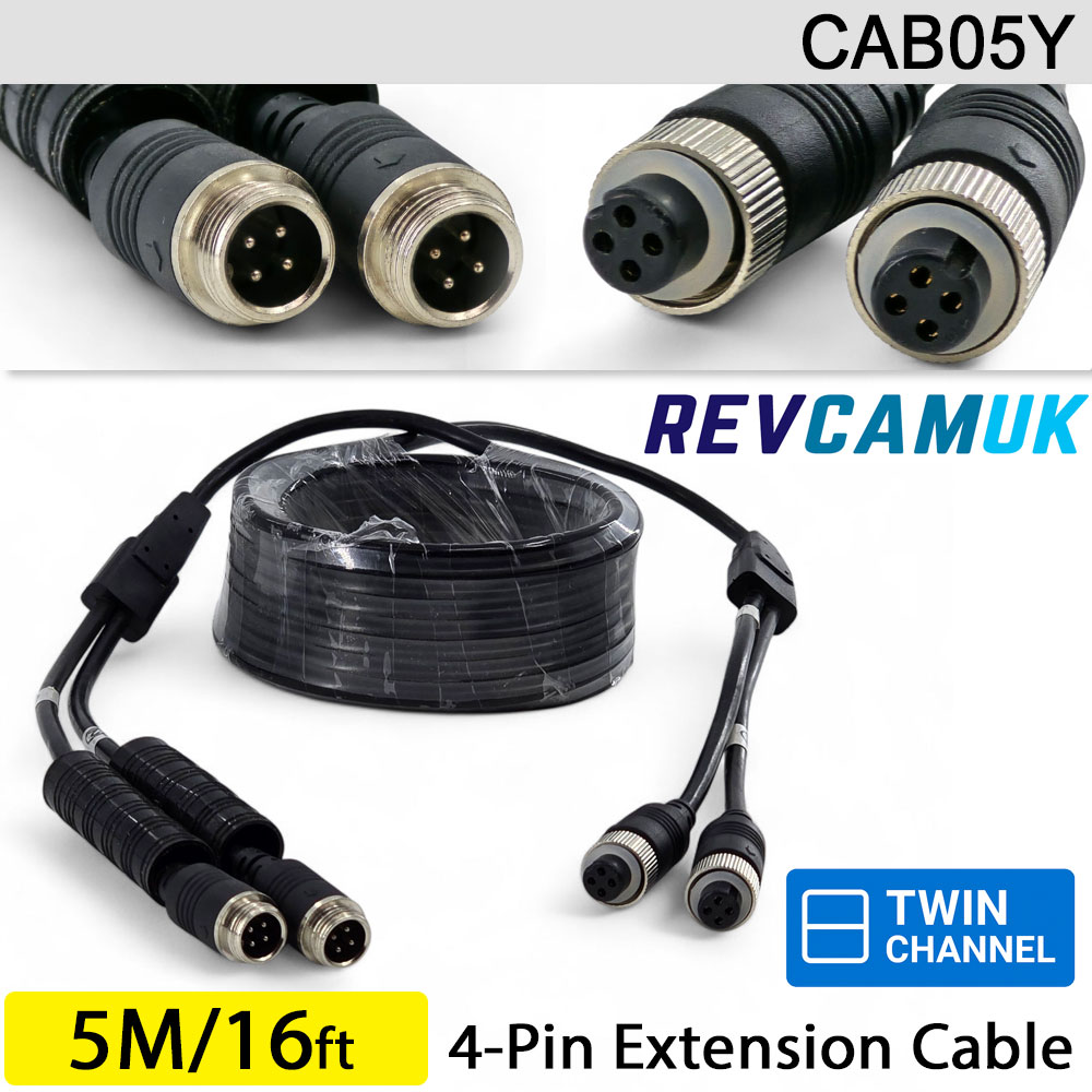 5M - Twin 4 Pin Aviation Screw Connector Extension Cable for 2 reversing cameras | CAB05Y