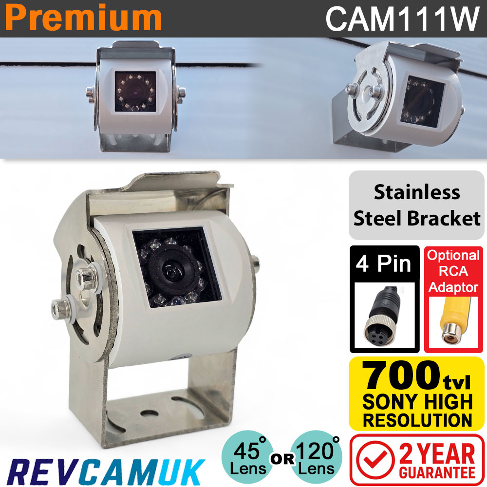 White Reverse or Rear View Camera + Polished S/Steel Bracket | Sony CCD | 4 pin connector | CAM111W