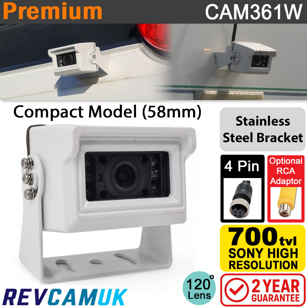 Compact White Reversing Camera | Sony CCD | 4 pin connector | Stainless Steel bracket | CAM361W