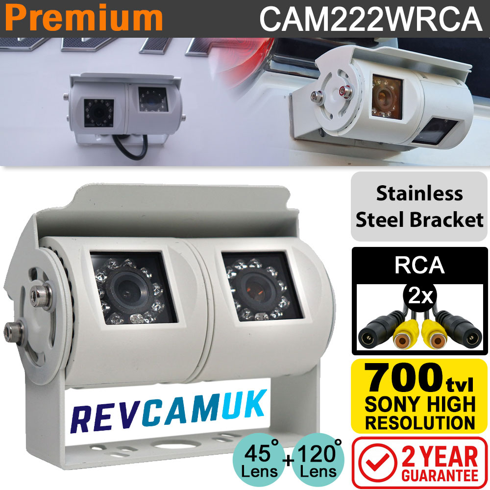 White Twin Lens Reversing Camera / Rear view | Sony CCD | RCA Phono connectors | Stainless Steel bracket | CAM222WRCA