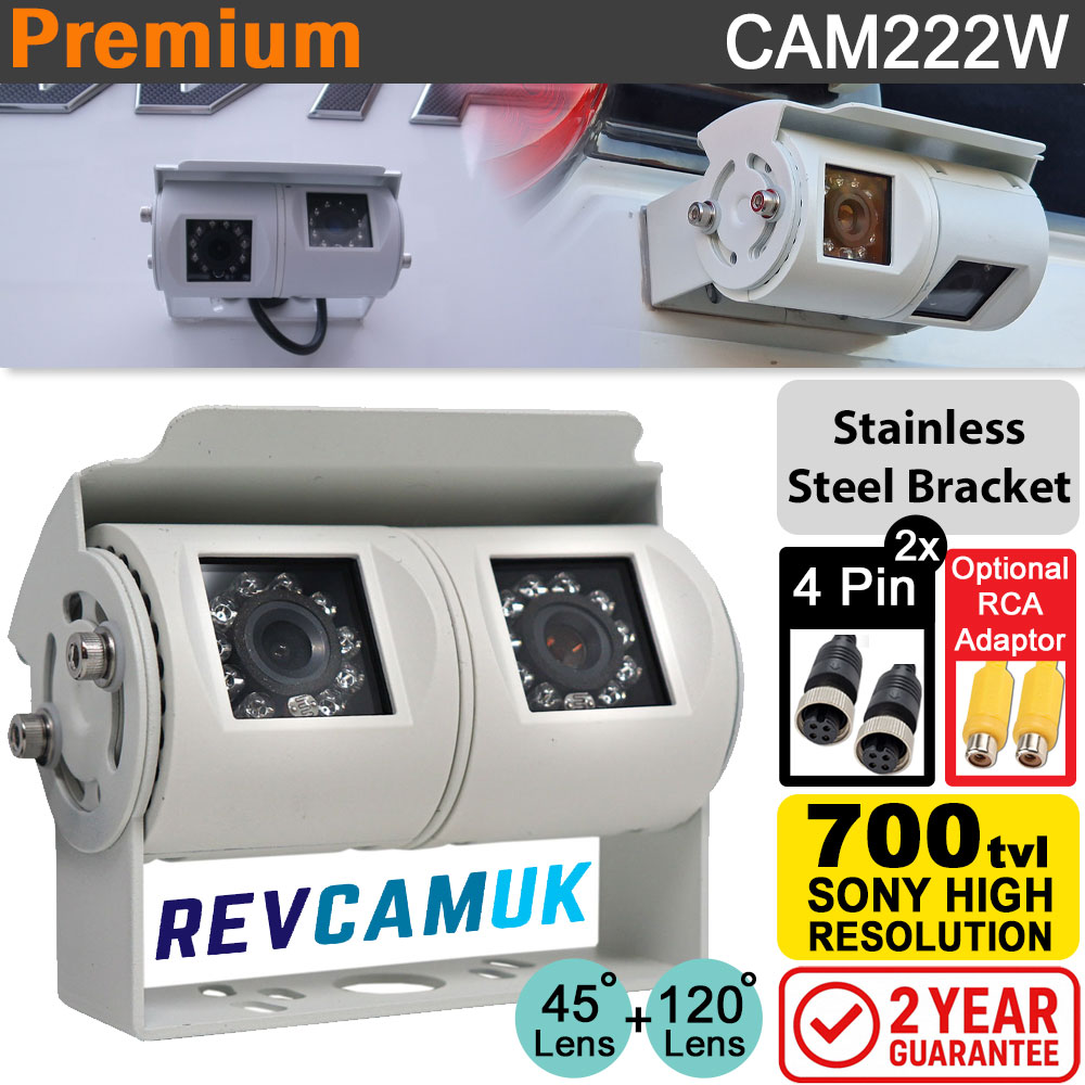 White Twin Lens Reversing Camera and Rear view Camera for Motorhome | Sony CCD | Stainless Steel bracket | CAM222W