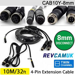 10M (with 8mm link) - Twin 4 Pin Aviation Screw Connector Extension Cable for 2 reversing cameras | CAB10Y-8mm 10M (with 8mm link) - Twin 4 Pin Aviation Screw Connector Extension Cable for 2 reversing cameras | CAB10Y-8mm
