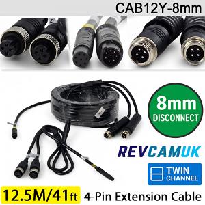 12.5M (with 8mm link) - Twin 4 Pin Aviation Screw Connector Extension Cable for 2 reversing cameras | CAB12Y-8mm 12.5M (with 8mm link) - Twin 4 Pin Aviation Screw Connector Extension Cable for 2 reversing cameras | CAB12Y-8mm