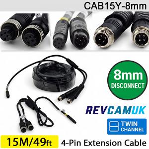 15M (with 8mm link) - Twin 4 Pin Aviation Screw Connector Extension Cable for 2 reversing cameras | CAB15Y-8mm 15M (with 8mm link) - Twin 4 Pin Aviation Screw Connector Extension Cable for 2 reversing cameras | CAB15Y-8mm