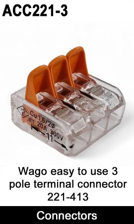 Wago 3 Pole Terminal Block Splice Connector with lever lock and transparent body | ACC221-3 / 221-413 Wago 3 Pole Terminal Block Splice Connector with lever lock and transparent body | ACC221-3 / 221-413