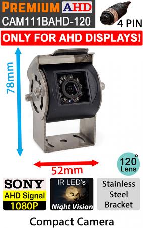 Sony 1080P AHD Signal Compact Black Reversing Camera with Polished Stainless Steel bracket | 4 pin connector | CAM111B-AHD-120 Sony 1080P AHD Signal Compact Black Reversing Camera with Polished Stainless Steel bracket | 4 pin connector | CAM111B-AHD-120