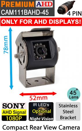 Sony 1080P AHD Signal Compact Black Rear View Camera with Polished Stainless Steel bracket | 4 pin connector | CAM111B-AHD-45 Sony 1080P AHD Signal Compact Black Rear View Camera with Polished Stainless Steel bracket | 4 pin connector | CAM111B-AHD-45