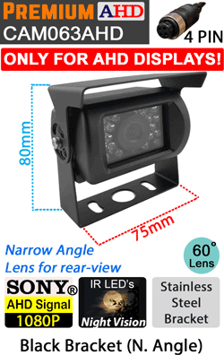 CAM063AHD - Black Bracket Sony 1080P AHD 60° Rear View Camera - (Only works with 1080P AHD compatible monitors/DVR's)  CAM063AHD - Black Bracket Sony 1080P AHD 60° Rear View Camera - (Only works with 1080P AHD compatible monitors/DVR's)