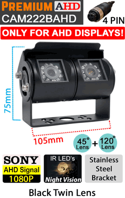 CAM222BAHD - Black Twin Lens Bracket Sony 1080P AHD Reversing Rear View Camera - (Only works with 1080P AHD compatible monitors/DVR's) CAM222BAHD - Black Twin Lens Bracket Sony 1080P AHD Reversing Rear View Camera - (Only works with 1080P AHD compatible monitors/DVR's)