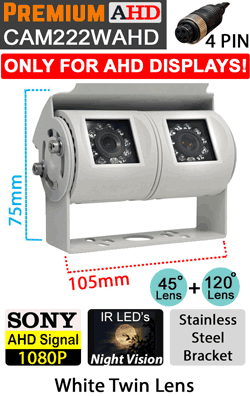 CAM222WAHD - White Twin Lens Bracket Sony 1080P AHD Reversing Rear View Camera - (Only works with 1080P AHD compatible monitors/DVR's) CAM222WAHD - White Twin Lens Bracket Sony 1080P AHD Reversing Rear View Camera - (Only works with 1080P AHD compatible monitors/DVR's)