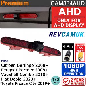 Citroen Berlingo, Peugeot Partner, Fiat Doblo, Vauxhall Combo & Toyota Pro Ace City Brake Light Reversing Camera - 1080P AHD - For AHD Displays