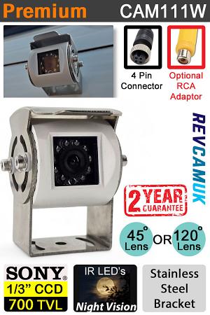 White Reverse or Rear View Camera + Polished S/Steel Bracket | Sony CCD | 4 pin connector | CAM111W White Reverse or Rear View Camera + Polished S/Steel Bracket | Sony CCD | 4 pin connector | CAM111W