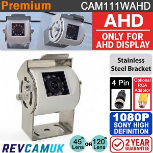 Sony 1080P AHD Signal Compact White Reversing Camera with Polished Stainless Steel bracket | 4 pin connector | CAM111W-AHD-120