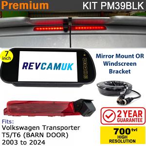 VW Volkswagen Transporter T5/T6 (2003+) (Barn Doors Version) Brake Light Reversing Camera kit with 7" Mirror Display - PM39BLK VW Volkswagen Transporter T5/T6 (2003+) (Barn Doors Version) Brake Light Reversing Camera kit with 7" Mirror Display - PM39BLK