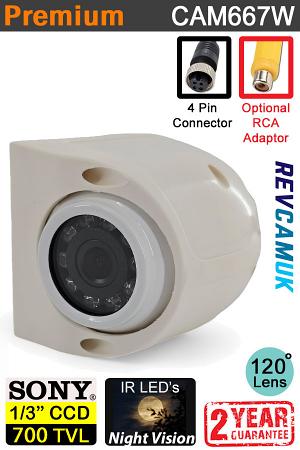 Side / Blind Spot / Cyclist Camera | Sony CCD | White | 4 Pin connector | CAM667W Side / Blind Spot / Cyclist Camera | Sony CCD | White | 4 Pin connector | CAM667W