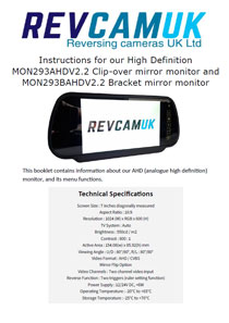RevcamUK MON293AHD mirror monitor instructions PDF showing monitor functions and wiring layout