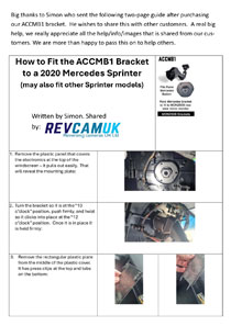 ACCMB1 Mercedes Sprinter swan-neck mirror monitor bracket fitting instructions including step-by-step guide and images