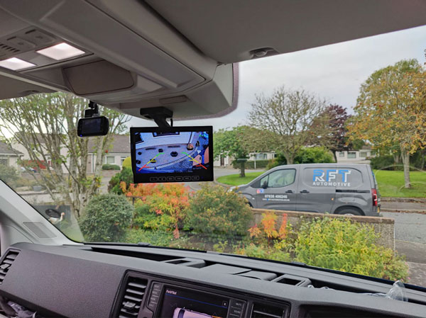 VW Crafter brake light reverse camera fitted with a ceiling mount display