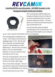 MP35 mounting plate and ACCMB2 swan-neck bracket fitting instructions for hexagonal windscreen button on Mercedes and Ford-compatible mirror monitors